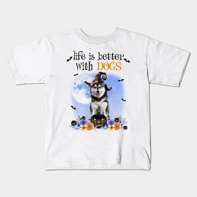 Husky Witch Hat Life Is Better With Dogs Halloween Kids T-Shirt by Marcelo Nimtz